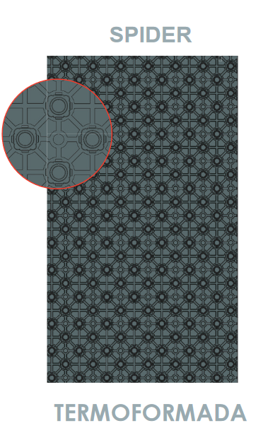 Fabricada en EPS con termoformado de 55 µm, esta placa mide 1380 x 700 mm, con un área útil de 0,97 m² por unidad. Incluye tetones con pestañas para sujeción de tuberías y está diseñada para tuberías de Ø16 mm con unión solapada.