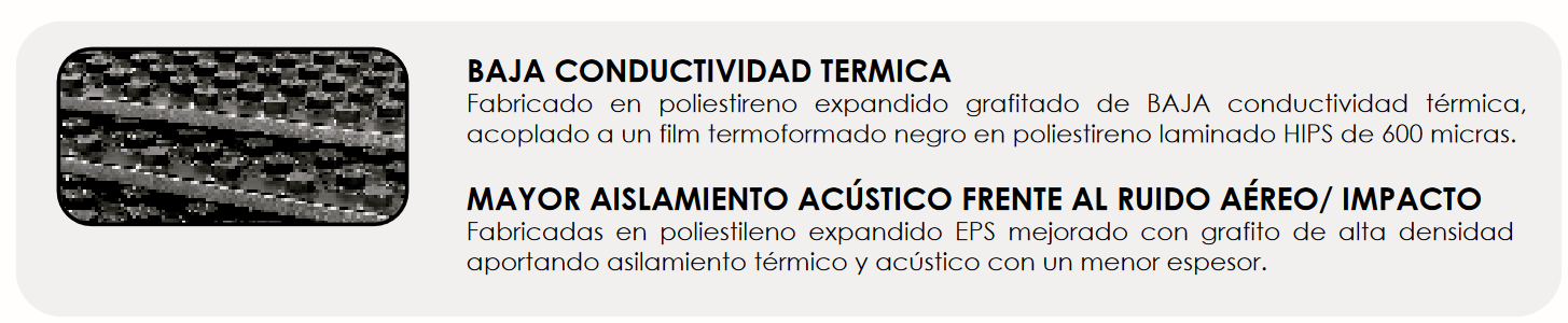 La Placa Termoconformada Suelo Radiante FERCO SPIDERN25/19 es una solución avanzada para el aislamiento térmico y acústico en sistemas de climatización por suelo radiante. Fabricada en poliestireno expandido (EPS) mejorado con grafito de alta densidad, ofrece una baja conductividad térmica, lo que permite un excelente aislamiento con un menor espesor. Su termoconformado independiente con una capa protectora de 600 micras proporciona mayor resistencia mecánica y durabilidad.