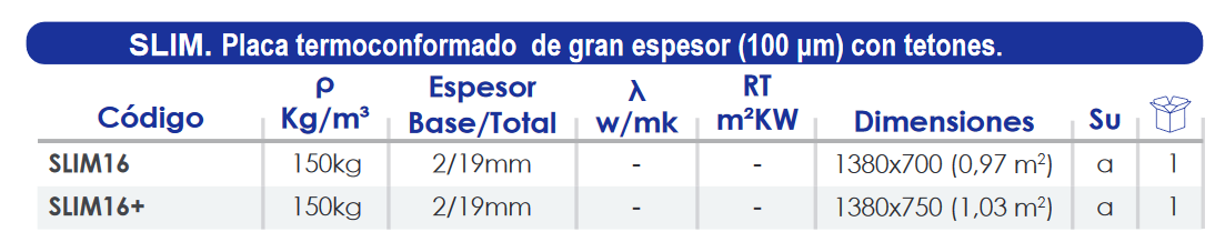 Especificaciones técnicas de la Placa Termoconformada Suelo Radiante FERCO SLIM16