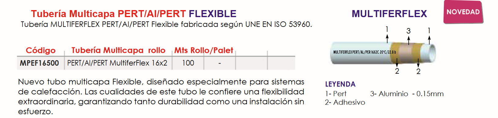 Especificaciones técnicas de la Tubería Multicapa FERCO PERT/Al/PERT FLEXIBLE