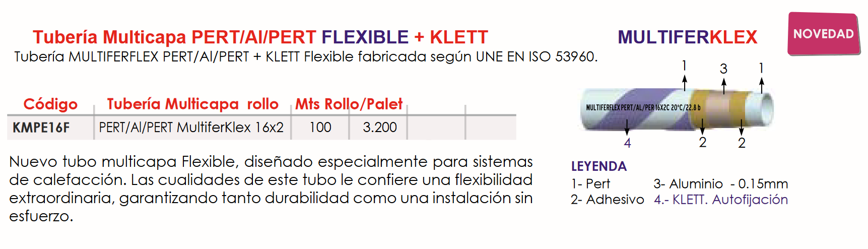 Especificaciones técnicas de la Tubería Multicapa FERCO PERT/Al/PERT FLEXIBLE + KLETT