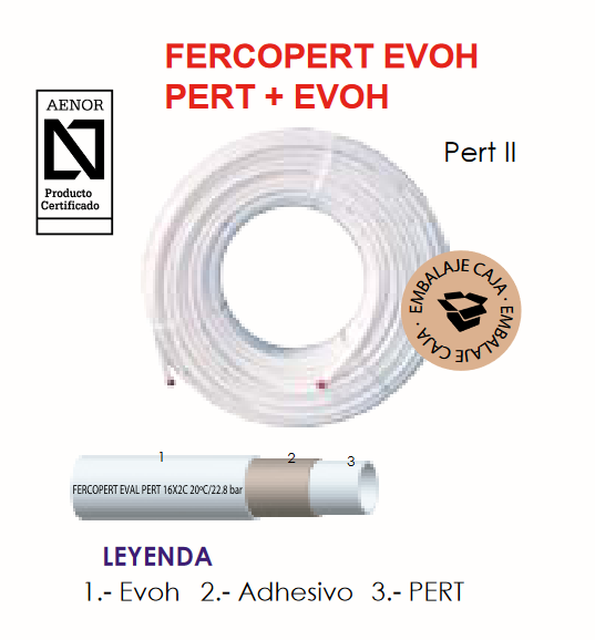 a Tubería de Polietileno Altas Temperaturas FERCO PERT EVOH 16 x 1,8 mm es una opción avanzada y confiable diseñada específicamente para sistemas de calefacción por suelo radiante en interiores. Fabricada con PE-RT Tipo II, esta tubería está conformada por un copolímero de etileno y octeno de última generación, lo que le confiere una alta resistencia hidrostática a largo plazo y garantiza un rendimiento superior en instalaciones que requieren temperaturas elevadas. Este material de nueva tecnología no solo permite que la tubería soporte el estrés térmico prolongado, sino que también asegura que pueda operar en condiciones exigentes sin comprometer su durabilidad.  Una de las características clave de este producto es su capa exterior de barrera anti-oxígeno (EVOH), una película de resina de copolímero de etileno y alcohol vinílico. Esta barrera actúa como un escudo contra la penetración de moléculas de oxígeno, lo que es crucial en sistemas de calefacción ya que previene la oxidación de los componentes metálicos dentro de la instalación. Al evitar la corrosión, se prolonga la vida útil tanto de la tubería como del resto de los equipos conectados, lo que reduce significativamente los costos de mantenimiento a lo largo del tiempo.