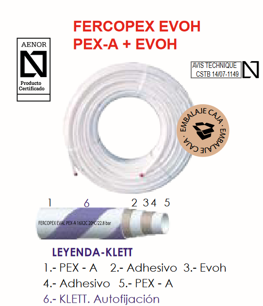 La Tubería de Polietileno Reticulado FERCO PEX-A EVOH KLETT 16x1,8 mm es una solución de alta calidad diseñada específicamente para sistemas de calefacción por suelo radiante y otras aplicaciones que requieren una excelente resistencia a la temperatura y a la presión. Fabricada utilizando el método de peróxidos (PEX-A), esta tecnología avanzada garantiza una reticulación uniforme en toda la estructura del tubo, lo que se traduce en una durabilidad superior, flexibilidad y una vida útil prolongada. Gracias a su diseño innovador, la tubería FERCO PEX-A se adapta fácilmente a cualquier instalación, permitiendo una colocación sencilla y eficiente en todo tipo de espacios.  Una de las características clave de esta tubería es su barrera antidifusión de oxígeno EVOH (etileno-vinil-alcohol), un revestimiento especializado que previene la entrada de oxígeno a través del material de la tubería. Esto es fundamental en los sistemas de calefacción, ya que reduce significativamente la corrosión en los elementos metálicos, lo que prolonga la vida útil de toda la instalación. La barrera EVOH, al cumplir con la norma europea UNEEN 1264-4, ofrece una protección completa y asegura que el sistema funcione de manera óptima durante años sin problemas de corrosión.  Además de su resistencia mecánica y su capacidad para prevenir la oxidación, la tubería FERCO PEX-A EVOH KLETT incorpora una capa de Klett, diseñada específicamente para facilitar su instalación en sistemas de calefacción por suelo radiante. Este sistema de autofijación permite una adherencia rápida y segura a las placas de fijación sin necesidad de herramientas adicionales, lo que simplifica el proceso de instalación y reduce el tiempo de trabajo. La capa Klett es especialmente útil para asegurar que la tubería quede fijada de manera precisa y estable en la disposición planificada.