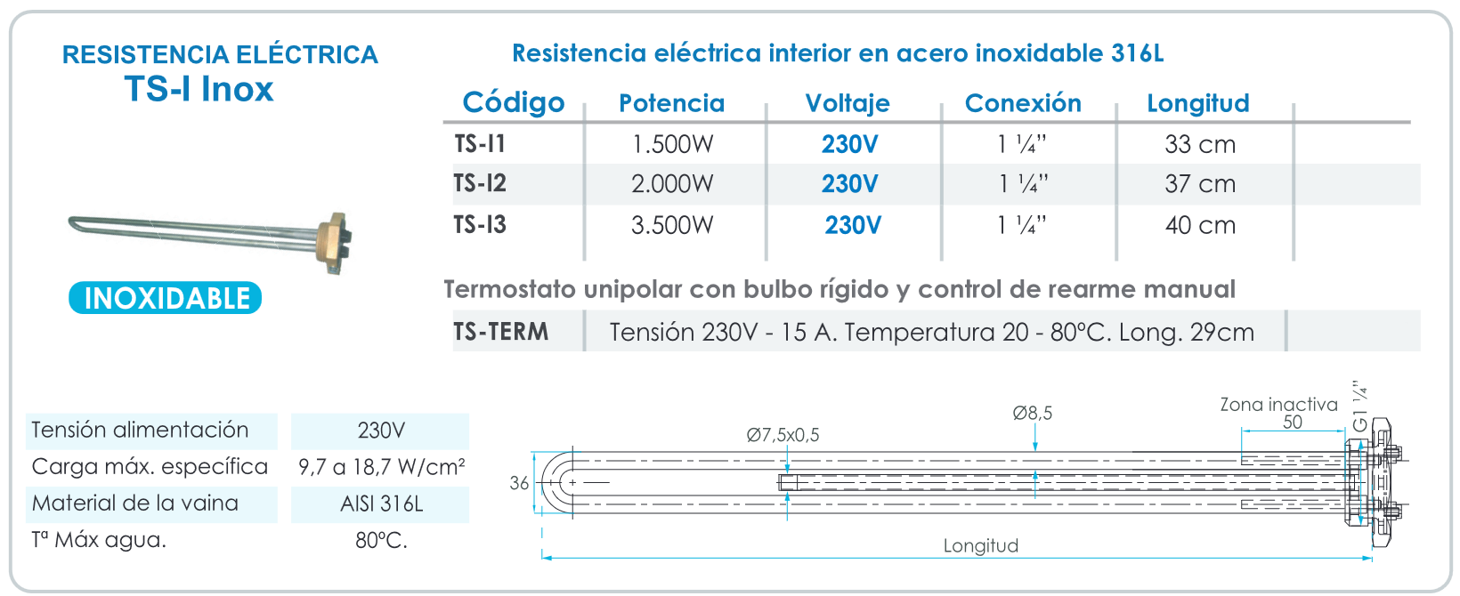 Especificaciones técnicas de la Resistencia Eléctrica con Termostato 2000w FERCO TS-I2