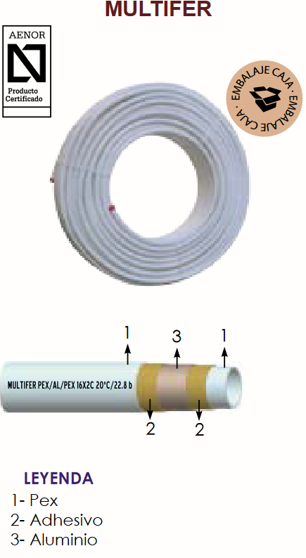 La estructura de la Tubería MULTIFER incluye:       Capa exterior de polietileno reticulado (PEX): proporciona una excelente resistencia a los impactos, evitando daños externos y garantizando una larga vida útil.     Alma de aluminio (AL): le confiere estabilidad dimensional y una gran flexibilidad, permitiendo doblarse sin riesgo de rotura y manteniendo su forma en todo momento.     Capa interior de polietileno reticulado (PEX): diseñada para soportar temperaturas de hasta 95 °C y una presión de hasta 4 bares, ideal para sistemas de calefacción y agua caliente.