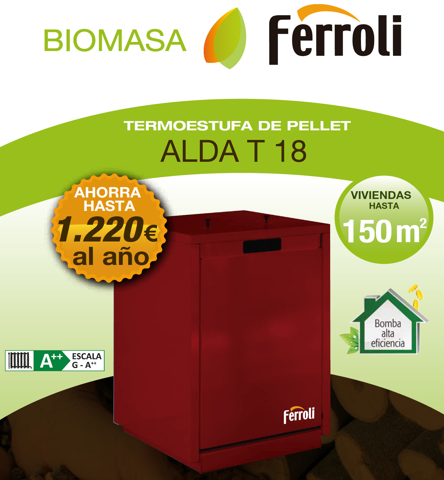 presentacion estufa caldera pellets calefacción FERROLI GAMA ALDA T18