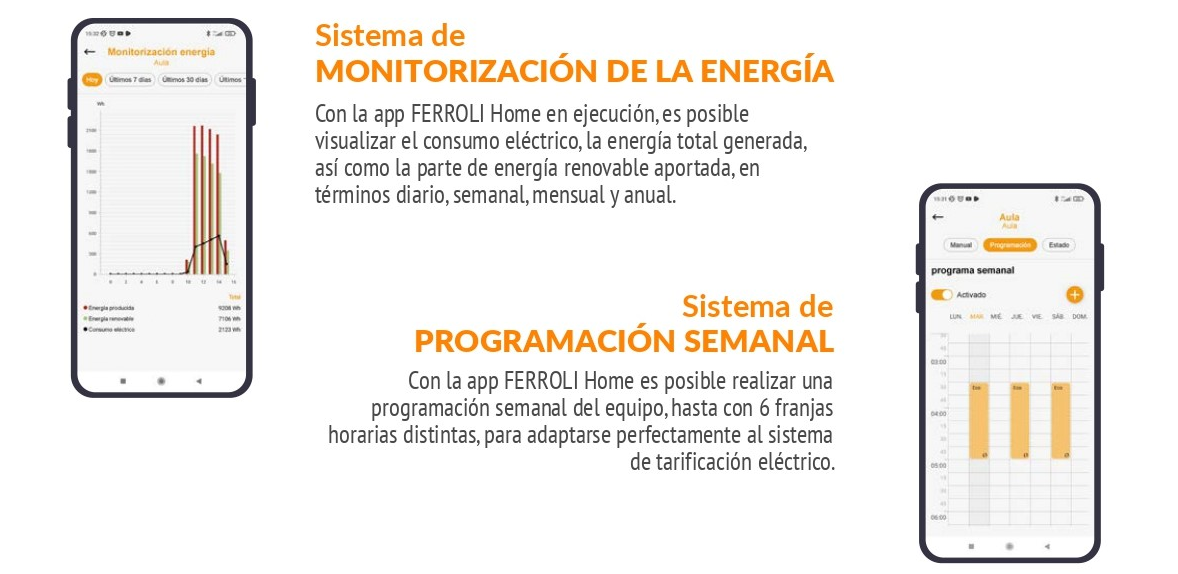 El panel de control integrado es intuitivo y fácil de usar, lo que te permite gestionar todas las funciones del equipo con facilidad. Además, viene con conectividad WiFi de serie, lo que te permite controlar la bomba de calor desde tu teléfono móvil a través de una aplicación intuitiva EGEA SMART, disponible en Google Play y App Store, lo que facilita la programación y monitorización del equipo, asegurando que siempre funcione en las condiciones más eficientes. Además, cuenta con la opción OFF PEAK, que permite programar la producción de ACS durante las horas de menor coste eléctrico, maximizando el ahorro, y el programa antilegionela para garantizar la máxima higiene y seguridad.