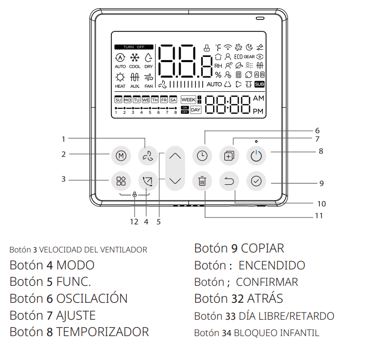 El Control Remoto FERROLI GIADA C es el complemento ideal para gestionar con precisión y comodidad los sistemas de climatización por conductos UI de la gama FERROLI. Diseñado para brindar un control total sobre el ambiente, este mando incorpora una pantalla LCD clara e intuitiva, que muestra en todo momento la temperatura ambiente y los modos de funcionamiento seleccionados.  Entre sus funciones más destacadas se encuentran el temporizador semanal, el modo "Sígueme", Turbo, auto-reinicio, así como múltiples velocidades del ventilador, incluyendo ajustes desde 20% hasta 100%, ofreciendo así un control preciso y personalizado de la climatización.  Su diseño optimizado con disposición de cableado de 4 vías sin partes elevadas traseras permite una instalación más sencilla y ordenada. Además, cuenta con bloqueo infantil, control dual y control de grupo, funciones especialmente útiles en instalaciones comerciales o residenciales con varios usuarios.  Ideal para quienes buscan eficiencia, comodidad y un control inteligente del clima interior, este mando es compatible con diferentes modos de funcionamiento: Auto, Frío, Seco, Calor y Ventilador, permitiendo su adaptación a todas las estaciones del año.