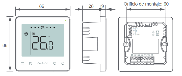 Partes y medidas del Termostato con display FERROLI TE FC 3V