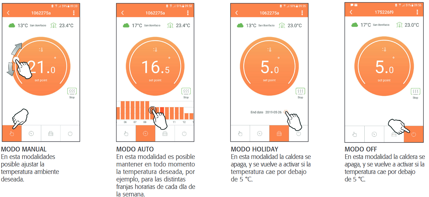 Modo Manual: Ajusta la temperatura deseada en cualquier momento.     Modo Auto: Configura horarios específicos para mantener un ambiente agradable a lo largo de la semana.     Modo Holiday: Ahorra energía mientras estás fuera, asegurando protección contra heladas si la temperatura baja de 5°C.     Modo Off: Apaga la caldera con la tranquilidad de que se activará brevemente si las temperaturas descienden demasiado.