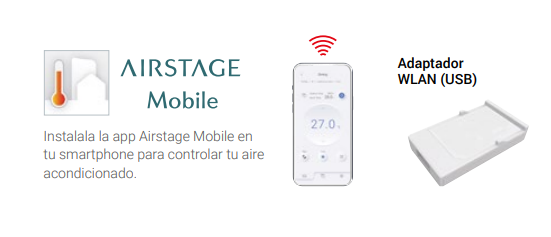 Control WiFi incluido para manejarlo desde el móvil Una de las prestaciones más interesantes de este modelo es el control de dispositivo inteligente incluido, que permite manejar el aire acondicionado desde dentro o fuera del hogar mediante smartphone, tablet o PC.  Gracias al adaptador WLAN incluido, puedes controlar el equipo a través de la app AIRSTAGE Mobile, ajustar la temperatura, encenderlo o apagarlo y gestionar su funcionamiento de forma cómoda. Esta función es ideal para preparar la estancia antes de llegar a casa, controlar el consumo y mejorar la comodidad diaria.