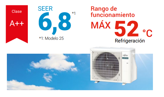 Funcionamiento eficiente incluso con altas temperaturas exteriores El equipo está preparado para ofrecer un rendimiento estable incluso en condiciones de calor exigente. Puede trabajar en refrigeración con temperaturas exteriores de hasta 46 ºC, proporcionando aire fresco y confortable incluso durante los días más calurosos.  Esta capacidad lo convierte en una opción adecuada para zonas cálidas, viviendas con alta exposición solar o estancias donde se necesita mantener el confort en verano de forma fiable.