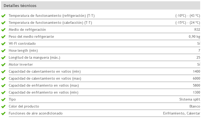 Especificaciones técnicas del Aire Acondicionado HAIER TIDE GREEN 50