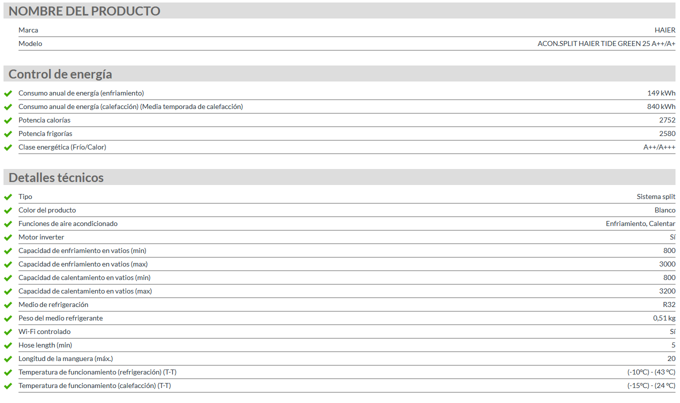 Especificaciones técnicas del Aire Acondicionado HAIER TIDE GREEN 25