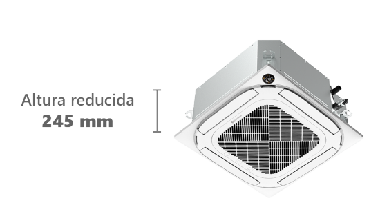 Con un diseño compacto y elegante, este cassette se adapta perfectamente a falsos techos reducidos gracias a una altura mínima de tan solo 245 mm. Las unidades exteriores también han sido rediseñadas con un único ventilador en toda la gama, lo que reduce volumen, ruido y facilita la instalación en espacios con limitaciones físicas.