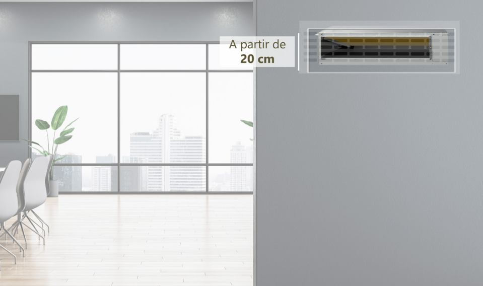La unidad interior del JDM35V3K ofrece instalación horizontal o vertical, lo que permite adaptarse a cualquier configuración de espacio. Su altura ultracompacta desde solo 20 cm, junto con la posibilidad de retorno de aire por la parte posterior o inferior, facilita su montaje incluso en falsos techos o zonas de difícil acceso. Además, incorpora bandeja de condensados bilateral, facilitando aún más la orientación de la instalación.