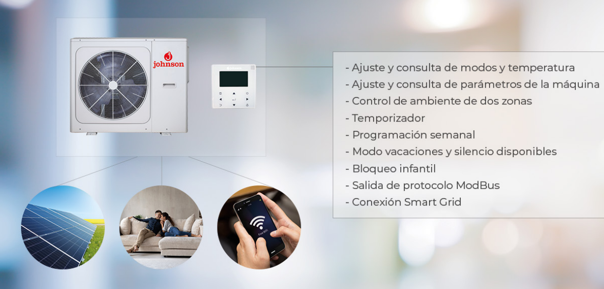 6. Conectividad avanzada y control inteligente  El control del equipo es sencillo e intuitivo, gracias a:  Mando ICEBERGCP con Wi-Fi incorporado, que permite gestionar todos los parámetros desde una app móvil.  Compatibilidad con ModBus, facilitando la integración con sistemas domóticos y edificios inteligentes.  Salida Smart Grid, que permite conectar el Mini-Chiller a instalaciones solares fotovoltaicas, logrando autosuficiencia energética y aún más ahorro.  Contacto libre de tensión, para control externo (encendido/apagado y modos frío/calor).  Esto significa que podrás controlar tu climatización desde cualquier lugar, incluso integrarla en sistemas de energía renovable para maximizar la eficiencia.