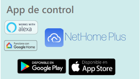 Control inteligente y conectividad avanzada  Opcionalmente, se puede integrar el accesorio Wi-Fi WFLC191 o el mando con Wi-Fi JCRL120PW, que permite:  Gestionar todos los parámetros desde una app móvil intuitiva.  Controlar el encendido, apagado, temperatura y modos desde cualquier lugar.  Usar comandos de voz con Alexa y Google Home, aumentando la comodidad.