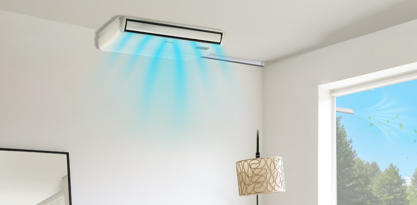 Flujo de aire en 3D para cubrir todos los rincones  El JFM52V3K expulsa el aire tanto en horizontal como en vertical, creando un flujo tridimensional que asegura una distribución uniforme de la temperatura en toda la estancia. Esto evita zonas frías o calientes y proporciona confort homogéneo incluso en habitaciones amplias.