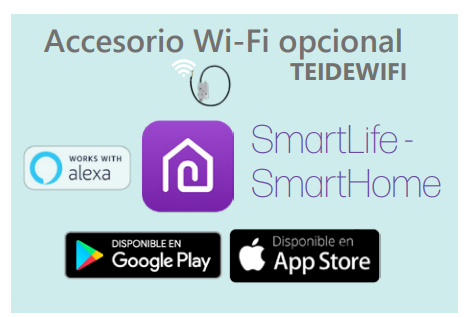 Control total desde tu móvil (Wi-Fi opcional)  El Teide2 25 puede equiparse con el módulo TEIDEWIFI (opcional), permitiendo el control del aire acondicionado desde cualquier lugar con tu smartphone o tablet. Esto incluye el acceso a la función Autodiagnóstico, que muestra códigos de error y datos técnicos clave para facilitar la resolución de incidencias. También es compatible con el módulo TEIDE-ONOFF, ideal para instalaciones con contacto de ventana o sistemas domóticos.