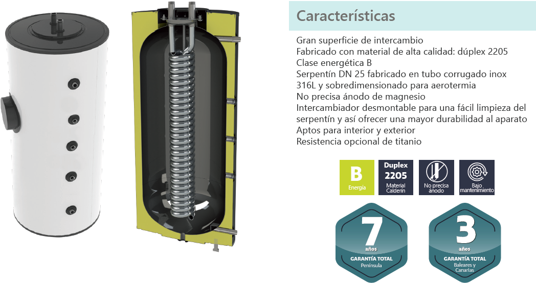 prestaciones interacumualdor johnson jintex 300 litros - Gran superficie de intercambio Fabricado con material de alta calidad: dúplex 2205 Clase energética B Serpentín DN 25 fabricado en tubo corrugado inox 316L y sobredimensionado para aerotermia No precisa ánodo de magnesio Intercambiador desmontable para una fácil limpieza del serpentín y así ofrecer una mayor durabilidad al aparato Aptos para interior y exterior Resistencia opcional de titanio