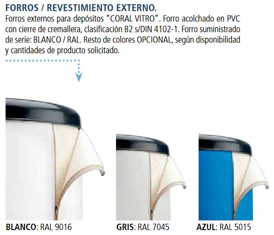 Forro externo acolchado en PVC: Con cierre de cremallera, disponible en color blanco RAL 9016 con cubierta gris RAL 7035, que proporciona una apariencia limpia y moderna.