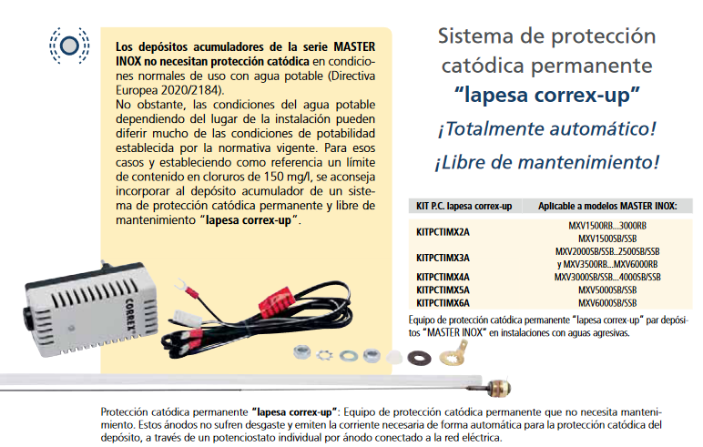 Adicionalmente, se pueden añadir equipos de protección catódica "lapesa correx-up" y resistencias eléctricas de inmersión o cerámicas para un calentamiento de apoyo.