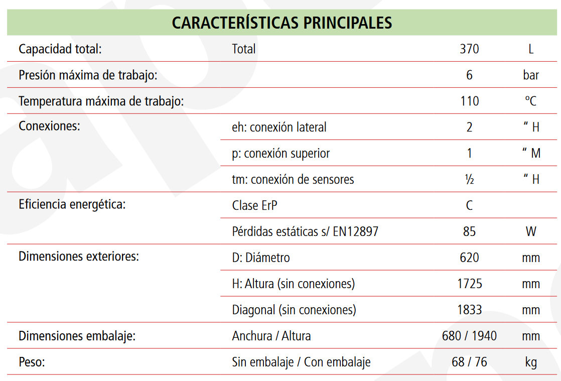 Especificaciones técnicas del Depósito de Inercia LAPESA GEISER INERCIA G370I