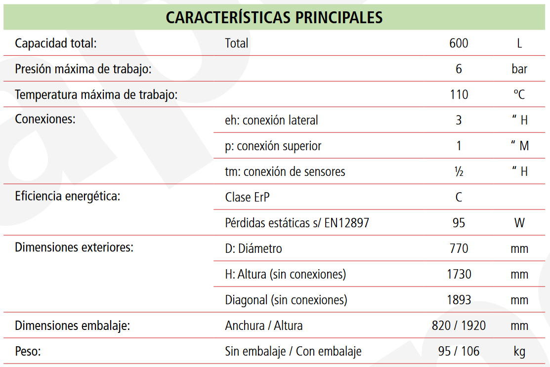 Especificaciones técnicas del Depósito de Inercia LAPESA GEISER INERCIA G600I