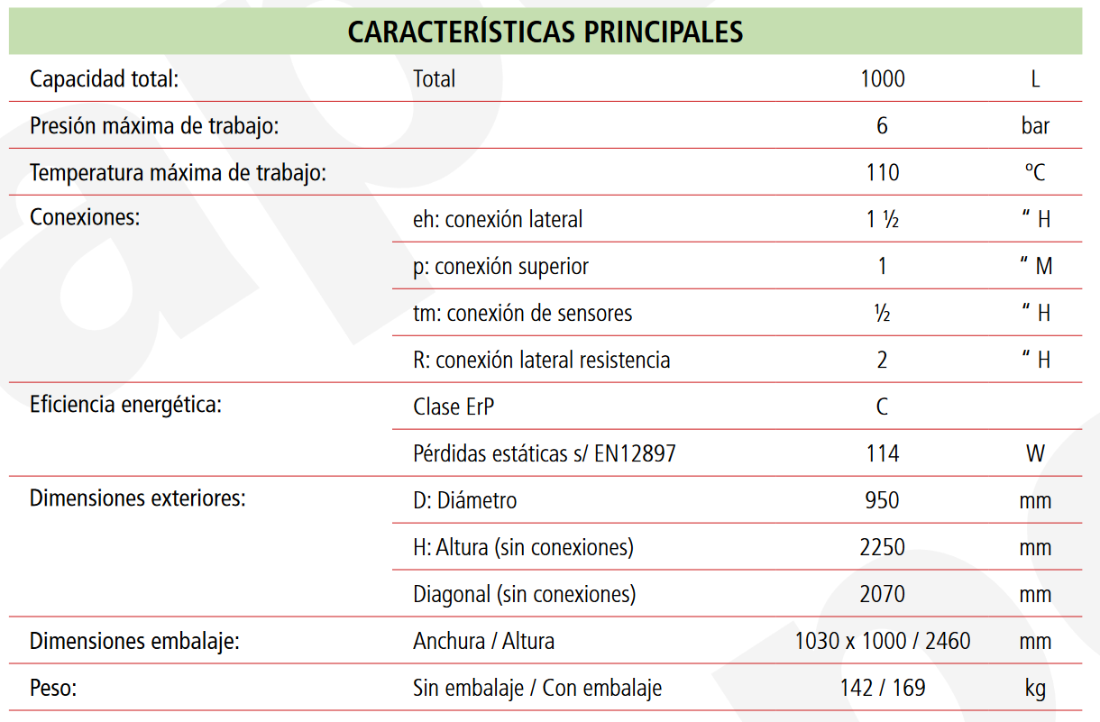 Especificaciones técnicas del Depósito de Inercia LAPESA GEISER INERCIA G1000IF