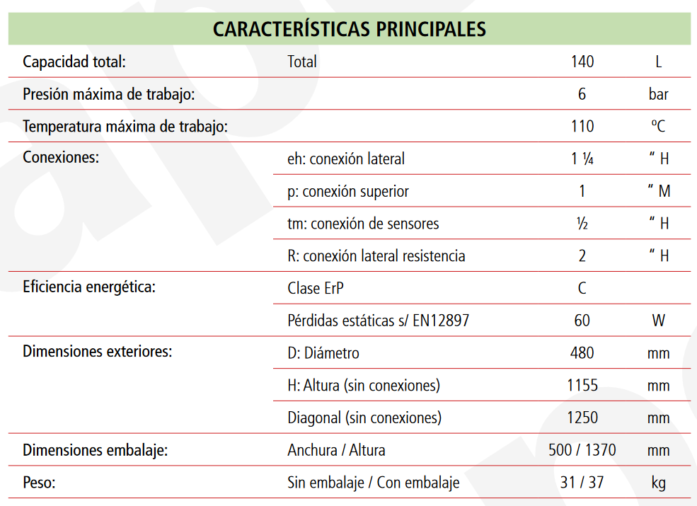 Especificaciones técnicas del Depósito de Inercia LAPESA GEISER INERCIA G140IF