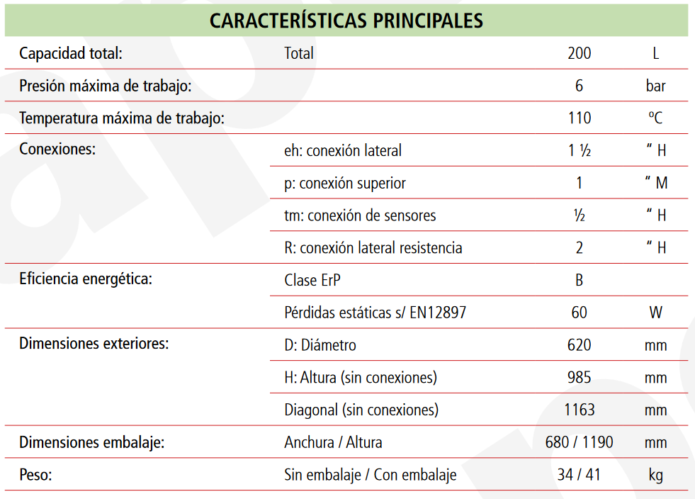 Especificaciones técnicas del Depósito de Inercia LAPESA GEISER INERCIA G200IF