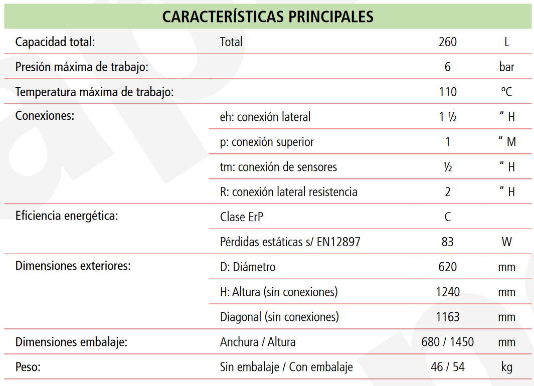 Especificaciones técnicas del Depósito de Inercia LAPESA GEISER INERCIA G260IF