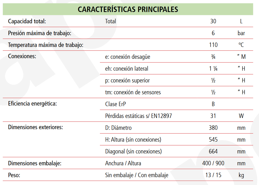 Especificaciones técnicas del Depósito de Inercia LAPESA GEISER INERCIA G30IF