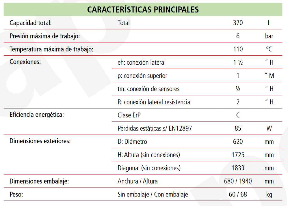 Especificaciones técnicas del Depósito de Inercia LAPESA GEISER INERCIA G370IF