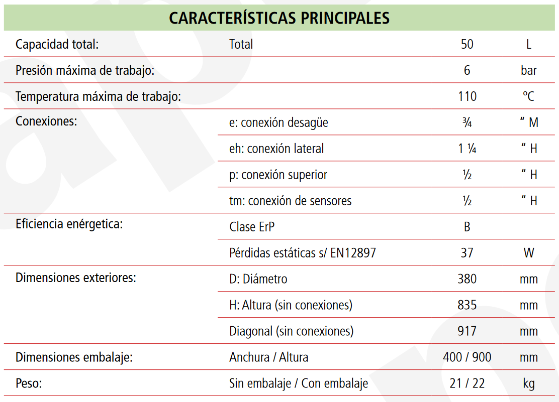 Especificaciones técnicas del Depósito de Inercia LAPESA GEISER INERCIA G50IF