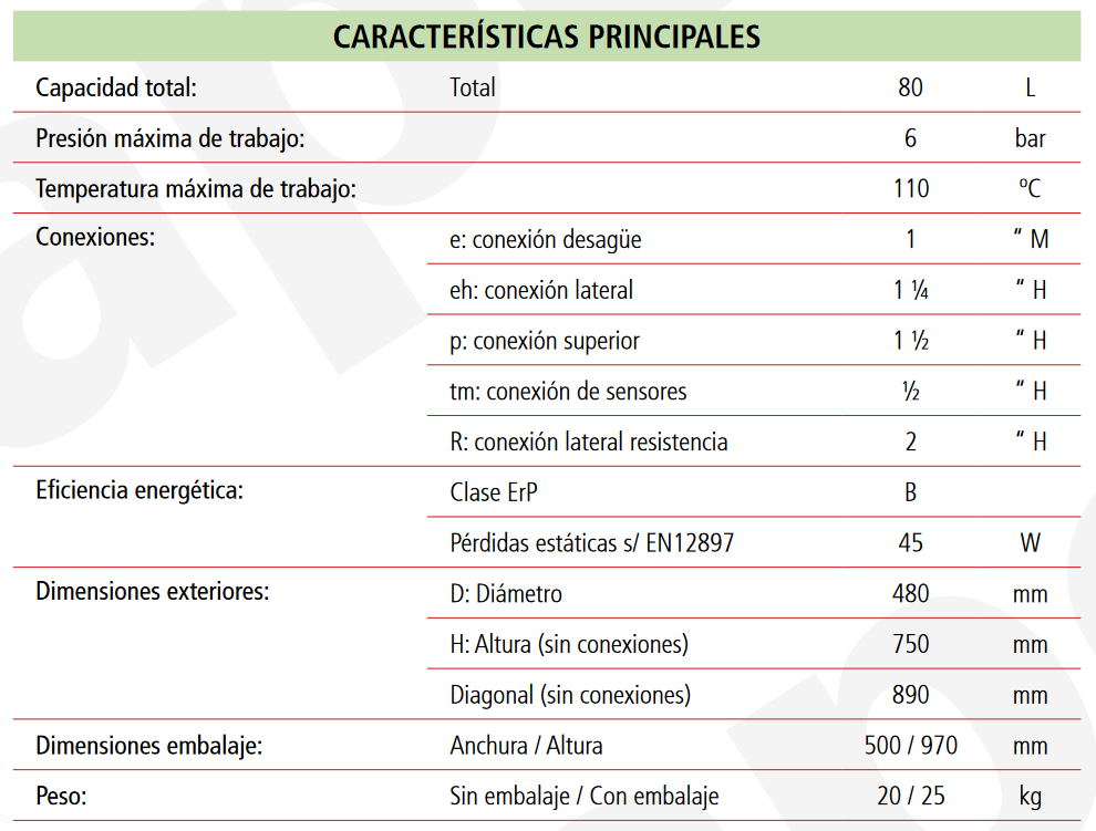 Especificaciones técnicas del Depósito de Inercia LAPESA GEISER INERCIA G80IF