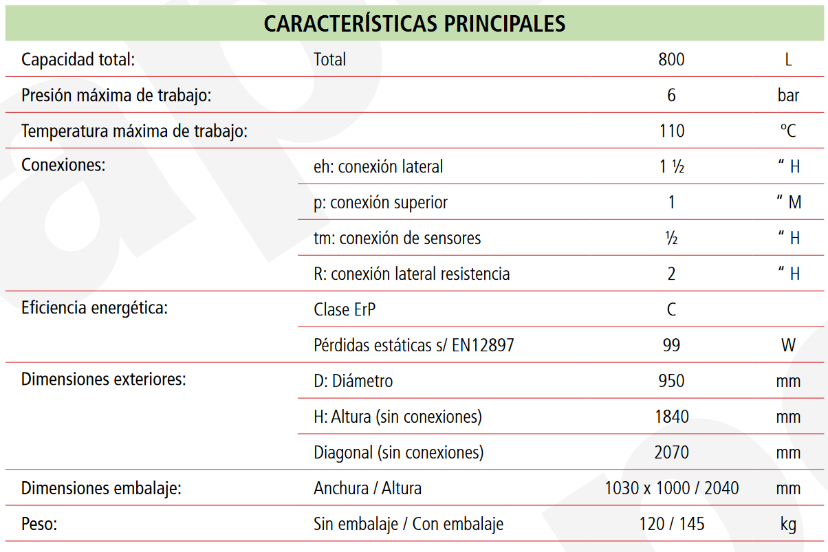 Especificaciones técnicas del Depósito de Inercia LAPESA GEISER INERCIA G800IF