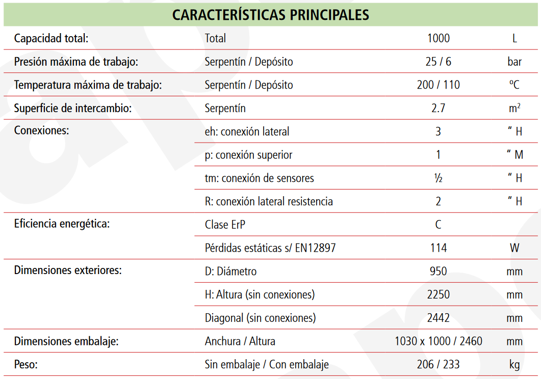 Especificaciones técnicas del Depósito de Inercia con Serpentín LAPESA GEISER INERCIA G1000IS