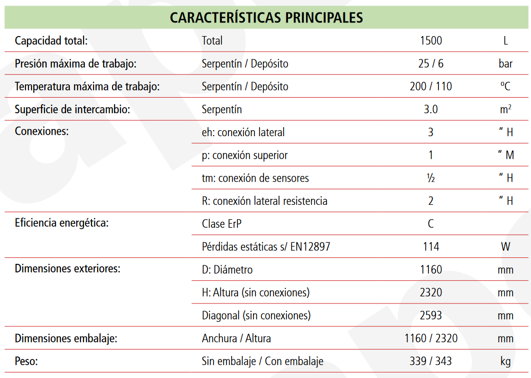 Especificaciones técnicas del Depósito de Inercia con Serpentín LAPESA GEISER INERCIA G1500IS