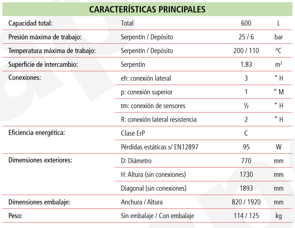 Especificaciones técnicas del Depósito de Inercia con Serpentín LAPESA GEISER INERCIA G600IS