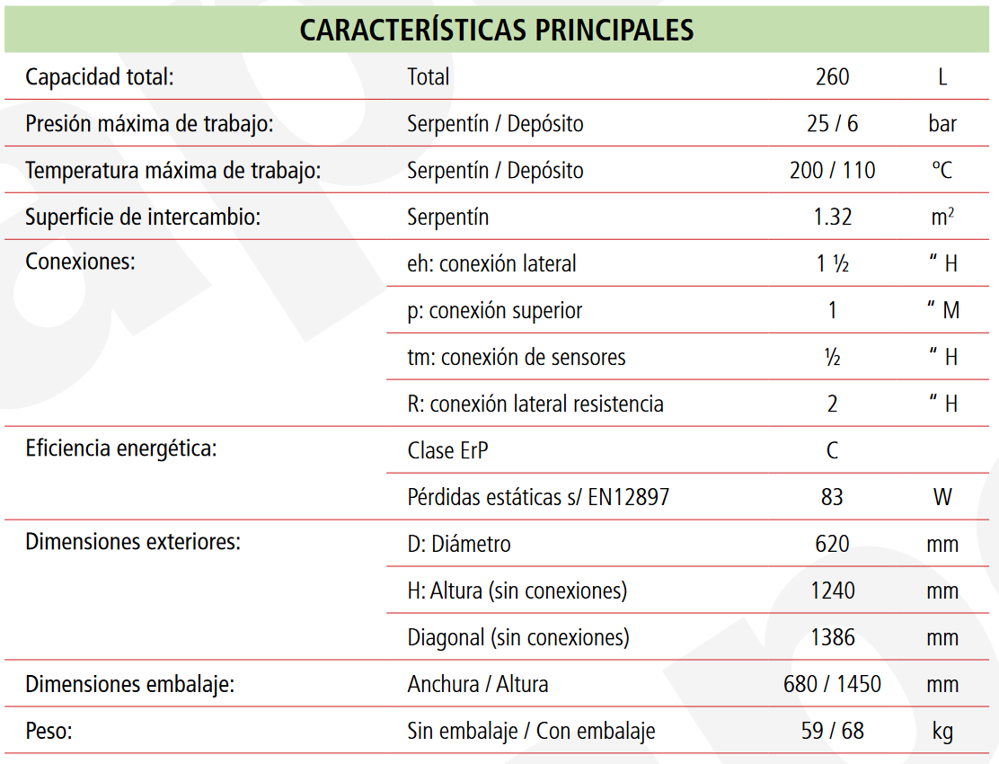 Especificaciones técnicas del Depósito de Inercia con Serpentín LAPESA GEISER INERCIA G260ISF