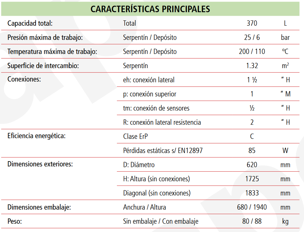 Especificaciones técnicas del Depósito de Inercia con Serpentín LAPESA GEISER INERCIA G370ISF