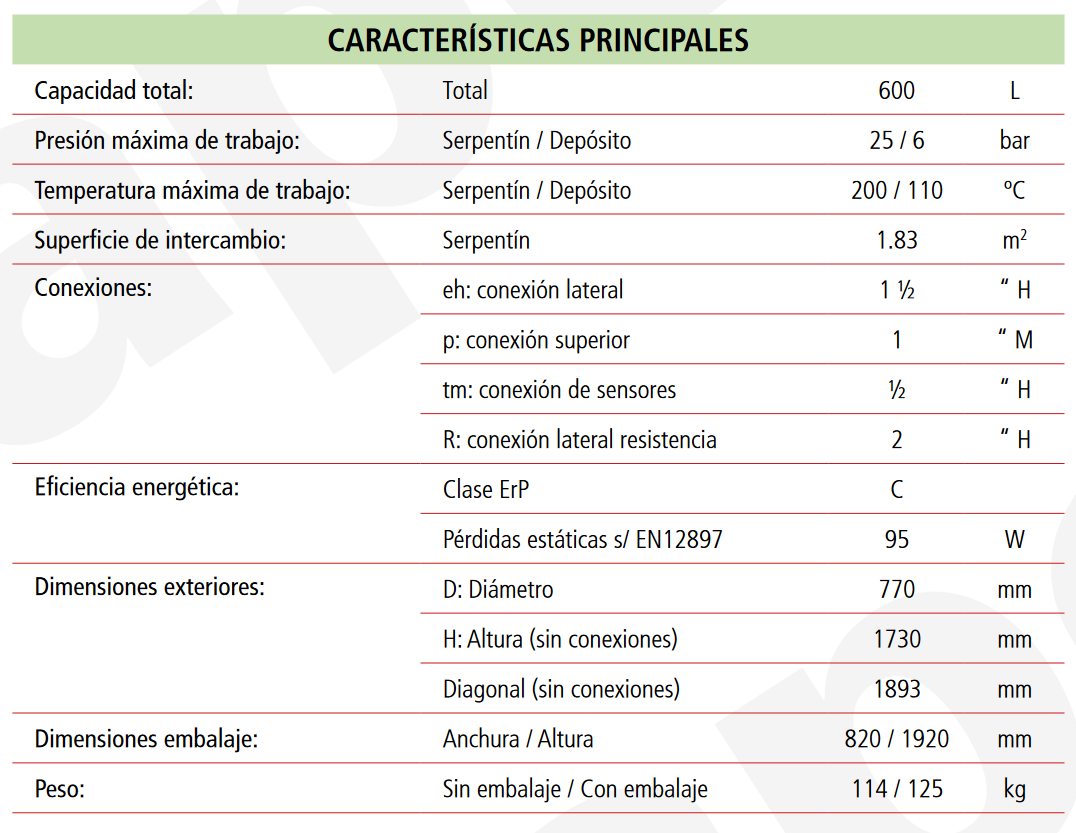 Especificaciones técnicas del Depósito de Inercia con Serpentín LAPESA GEISER INERCIA G600ISF