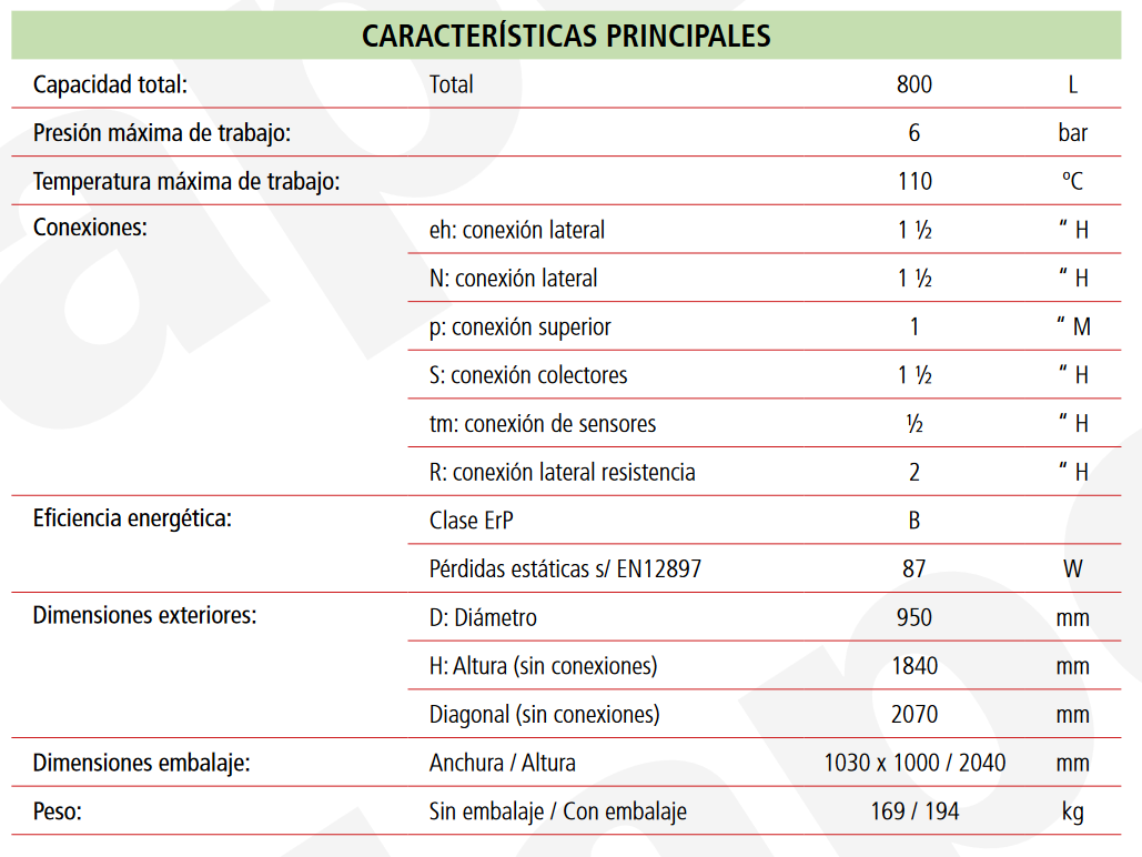 Especificaciones técnicas del Depósito de Inercia con Estratificación GEISER INERCIA G800L