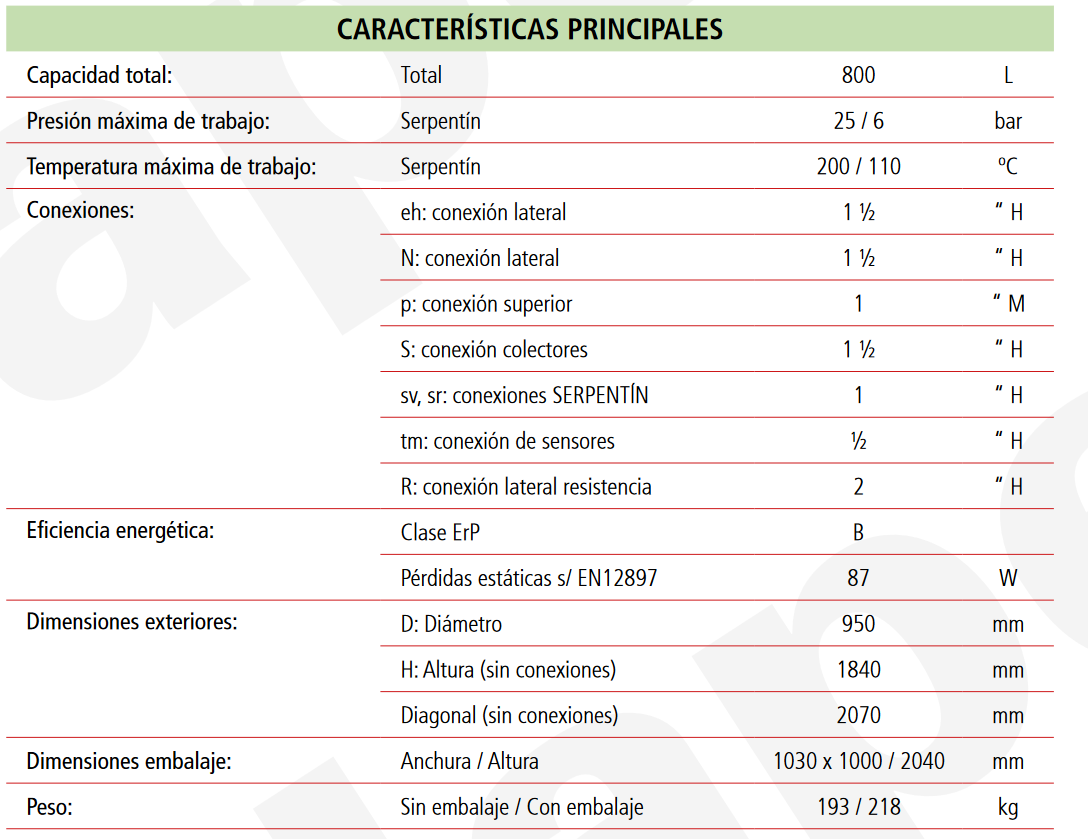 Especificaciones técnicas del Depósito de Inercia con Estratificación GEISER INERCIA G800LW