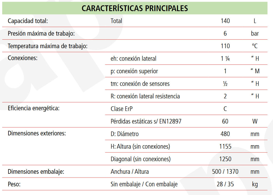 Especificaciones técnicas del Depósito de Inercia LAPESA GEISER INERCIA GX4-140IF