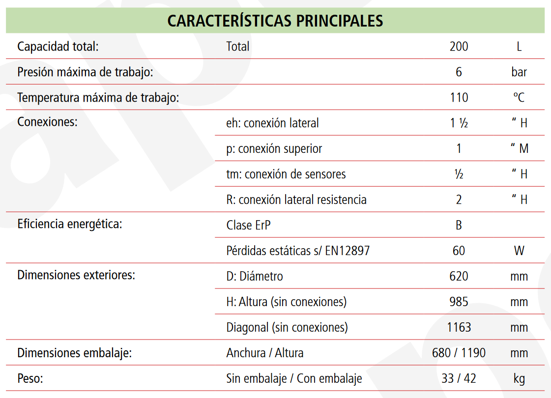 Especificaciones técnicas del Depósito de Inercia LAPESA GEISER INERCIA GX4-200IF