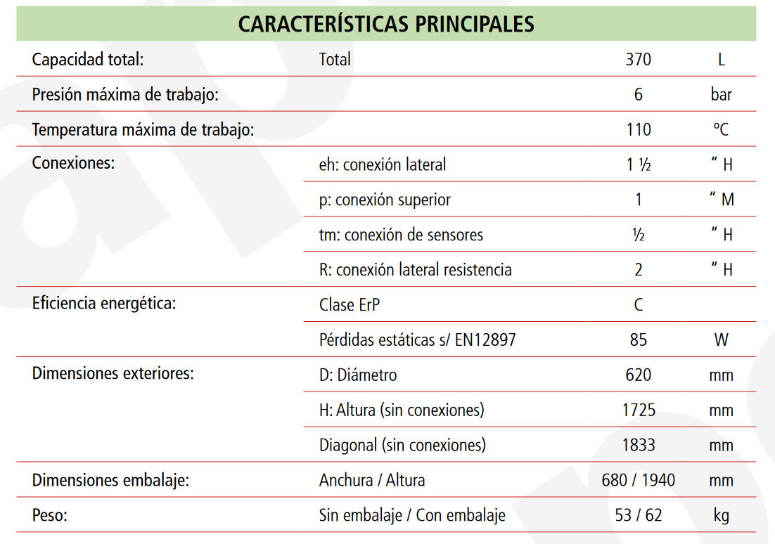 Especificaciones técnicas del Depósito de Inercia LAPESA GEISER INERCIA GX4-370IF