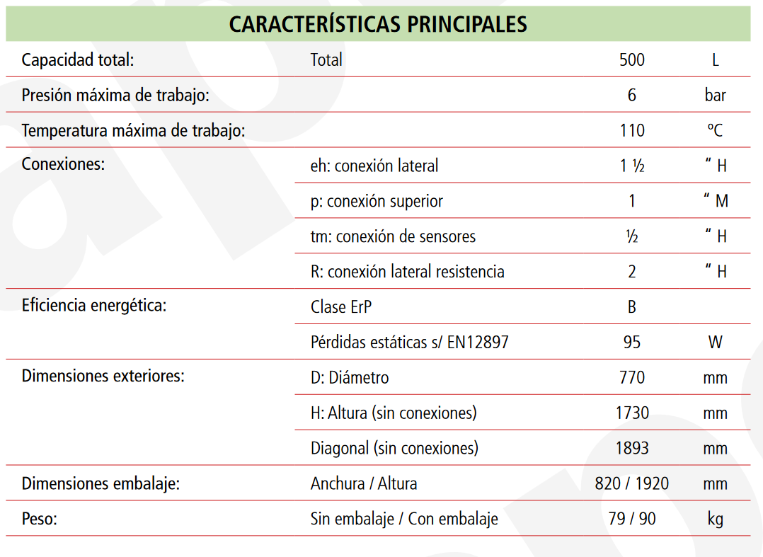 Especificaciones técnicas del Depósito de Inercia LAPESA GEISER INERCIA GX4-500IF